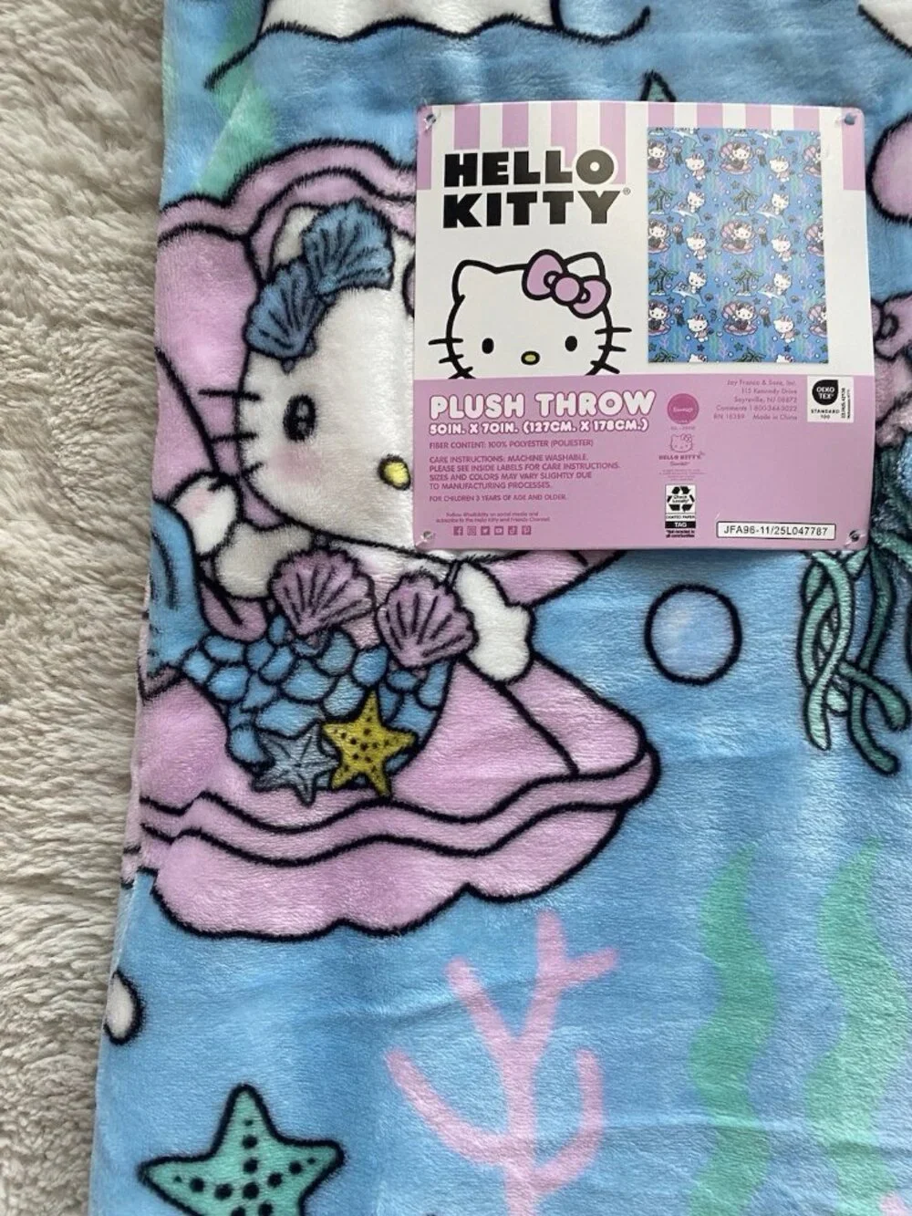 Hello Kitty Mermaid Dolphin Jellyfish Soft Throw Blanket Blue Pink 50” X 70” NEW
